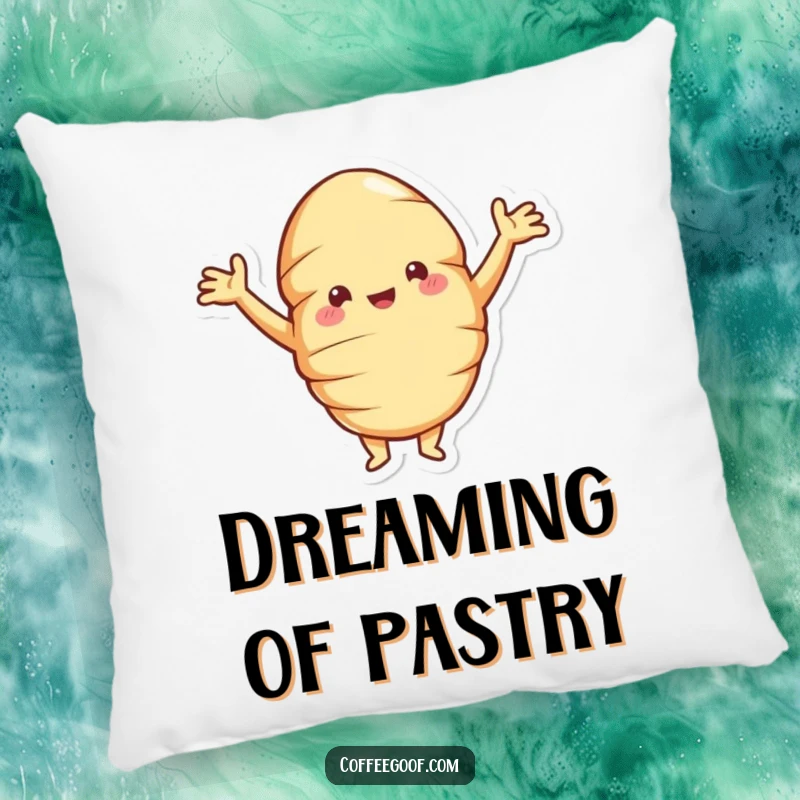Funny croissant pillow featuring a jolly pastry posing proudly with arms akimbo, offering comfort and humor to any room.