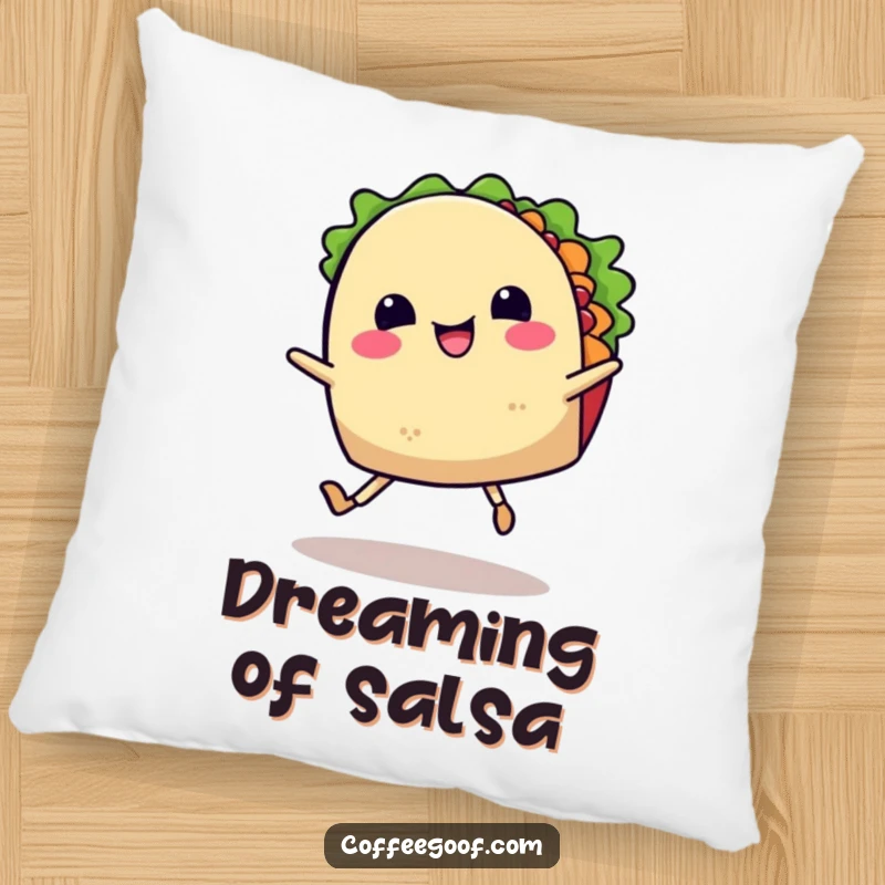 Funny pillow depicting a happy taco with legs dancing a jig, adding a touch of playful, festive cheer to home decor.