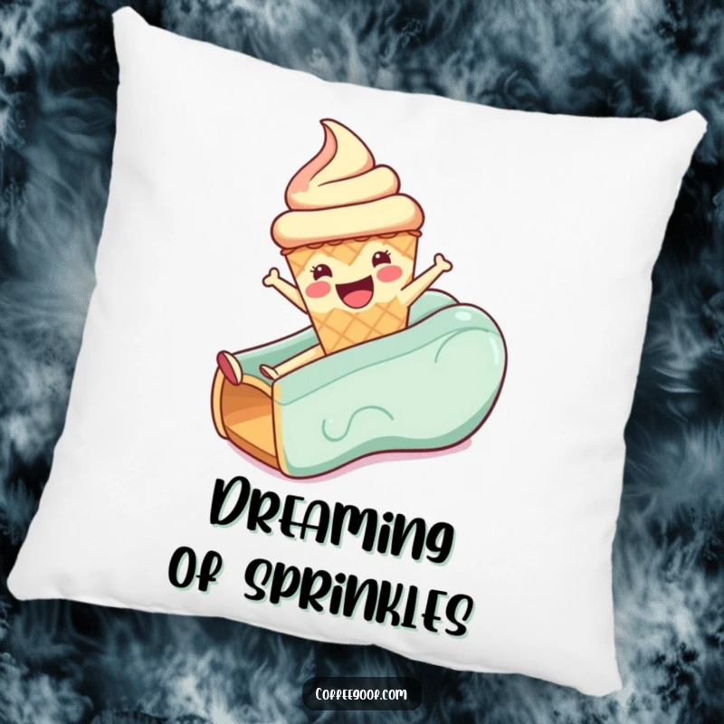 Funny pillow featuring a cheerful anthropomorphic ice cream cone in a playful slide pose, adding comfort and humor.