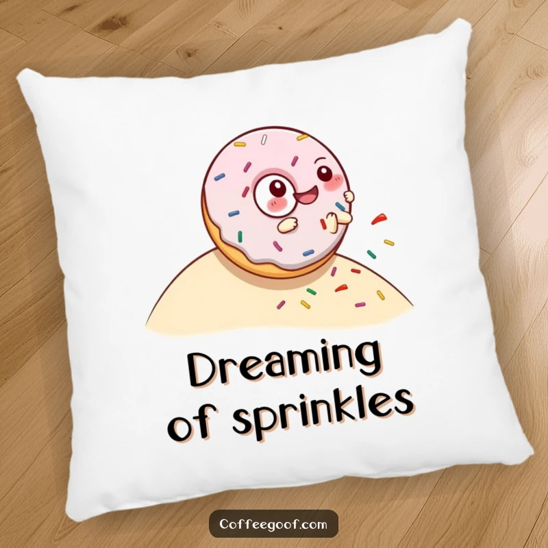 Funny decorative pillow with a giggling donut character in a playful roll down a hill, surrounded by colorful sprinkles.