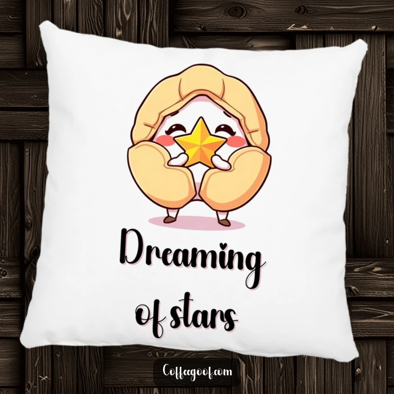 Funny pillow with a grinning fortune cookie cracking open to reveal a golden star, offering soft, humorous comfort and lucky vibes.
