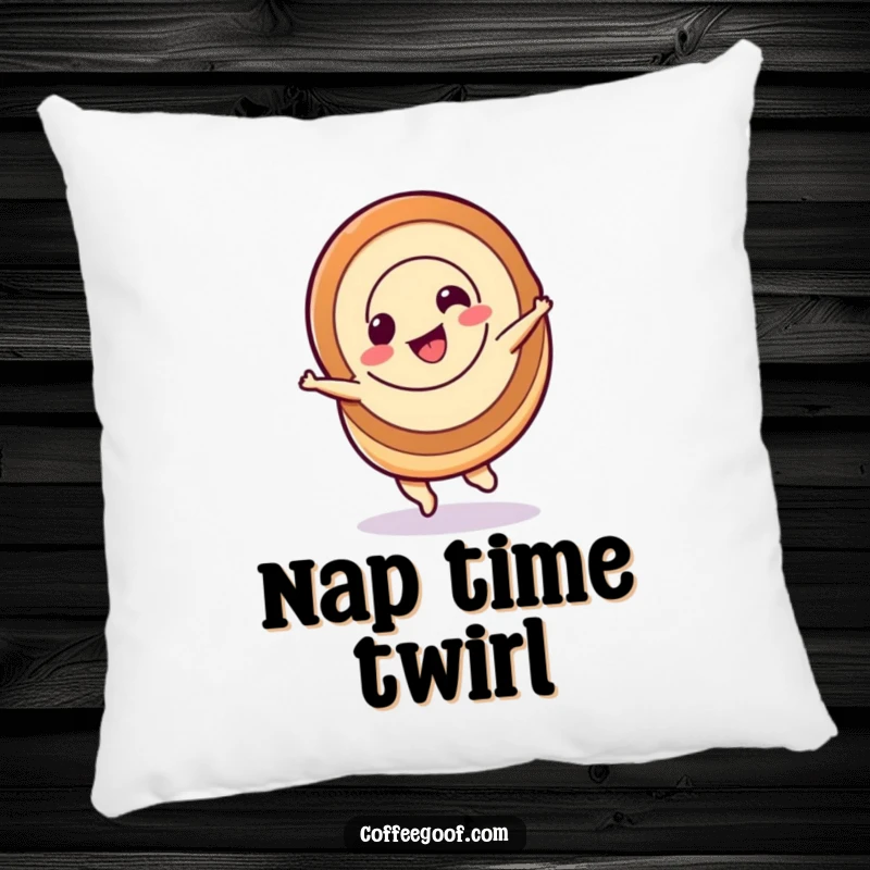 Funny cinnamon roll pillow, a sweet cinnamon roll character spinning, soft and cozy pastry decor.