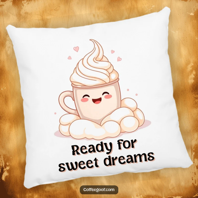 Funny Pillow: A smiling cocoa mug is depicted cannonballing into whipped cream, designed for cozy humor and decorative appeal.