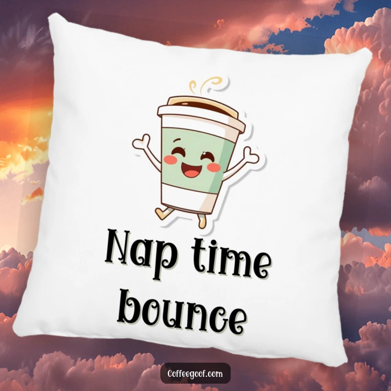 Funny coffee cup pillow with a bouncing character radiating pure joy, perfect for adding a touch of comfort and humor to any couch.