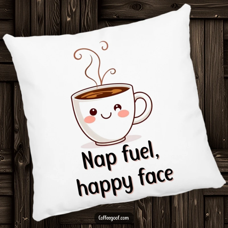Funny coffee cup with steam forming a happy smiley face, printed on a soft, decorative pillow.