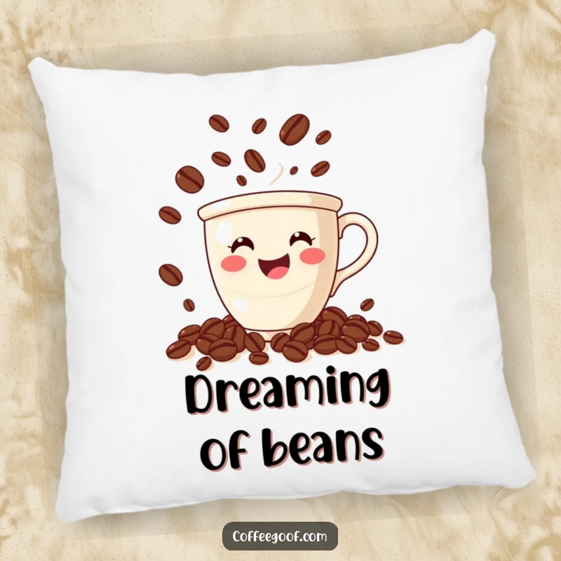 Funny coffee pillow with a smiling cup juggling beans, bringing a sense of playful energy and coffee love to any room.