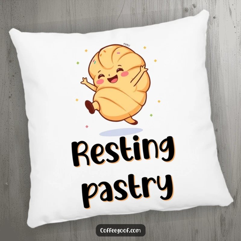 Funny croissant pillow showing a grinning pastry doing a lively cartwheel with sprinkles, adding comfort and humor.