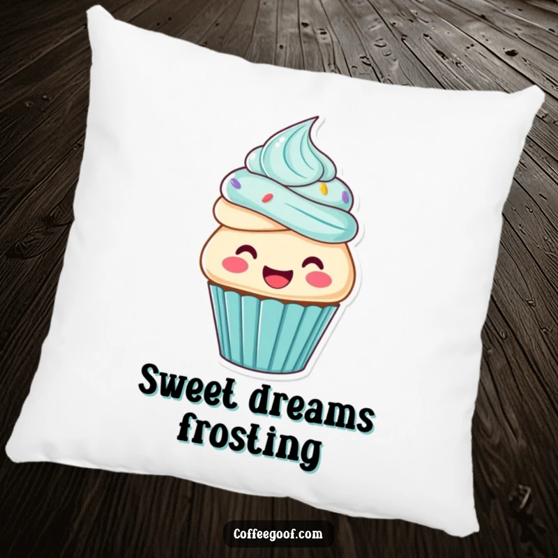 Funny cupcake pillow, a cupcake character frosting itself, soft and cozy dessert decor.