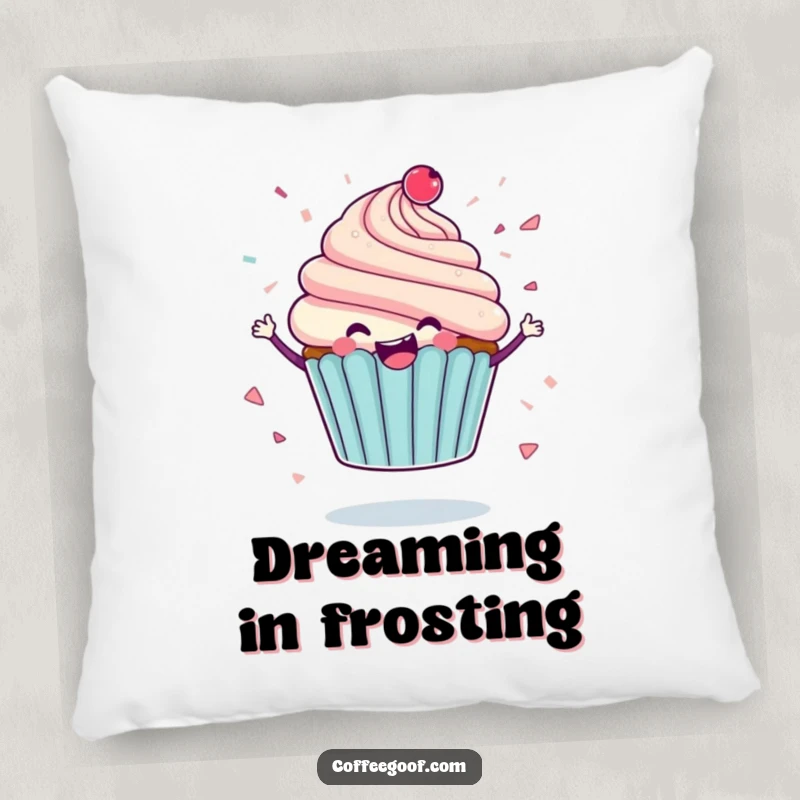 Funny pillow with a delighted cupcake character spinning, icing flying like confetti, providing soft, humorous comfort and cheerful decor.