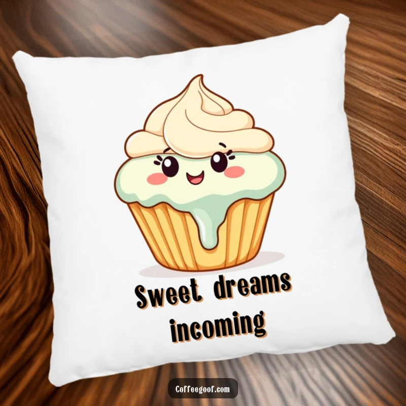 Funny cupcake pillow showing a happy cupcake with melting frosting dancing, providing comfort and humorous, sweet-themed charm.