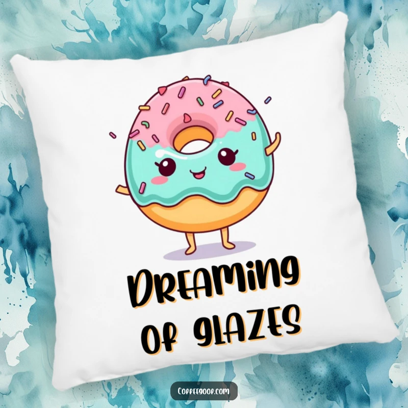 Funny Donut Pillow showing a sweet donut character with playful dancing sprinkles, perfect for cozying up.