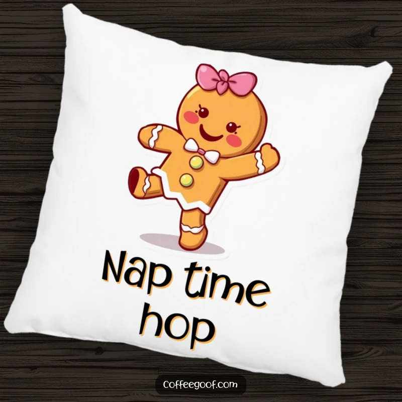 Funny cheerful gingerbread cookie character doing a happy little hop on a soft plush pillow, a cozy holiday cartoon item