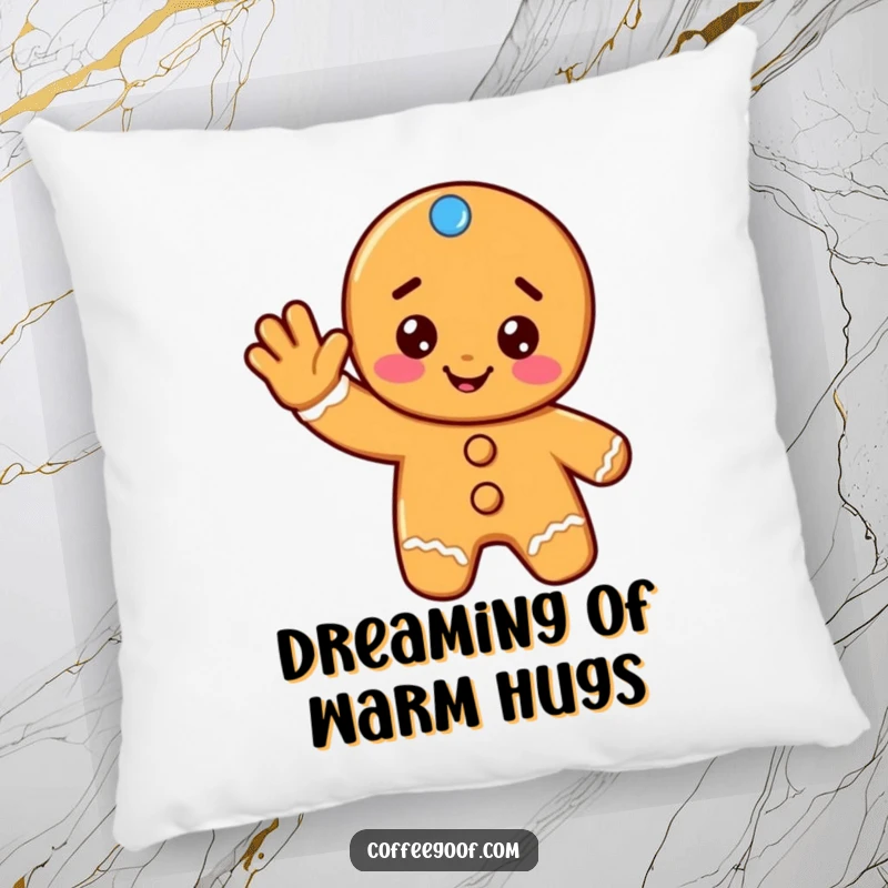 Funny gingerbread pillow featuring a cheerful cookie giving a friendly wave, offering cozy comfort and festive holiday spirit.