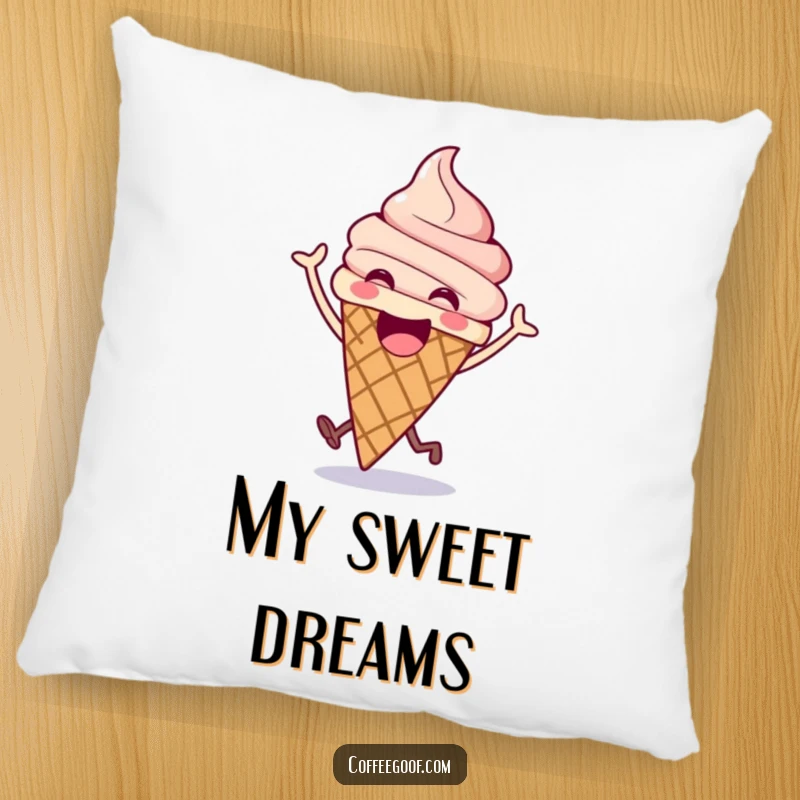 Funny ice cream pillow featuring an excited cone doing a happy bounce, offering sweet comfort and a dose of playful cheer.