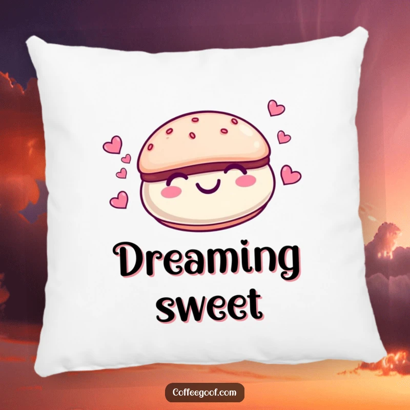 Funny smiling macaroon character with tiny hearts floating around it on a soft plush pillow, a cute and cuddly cartoon item