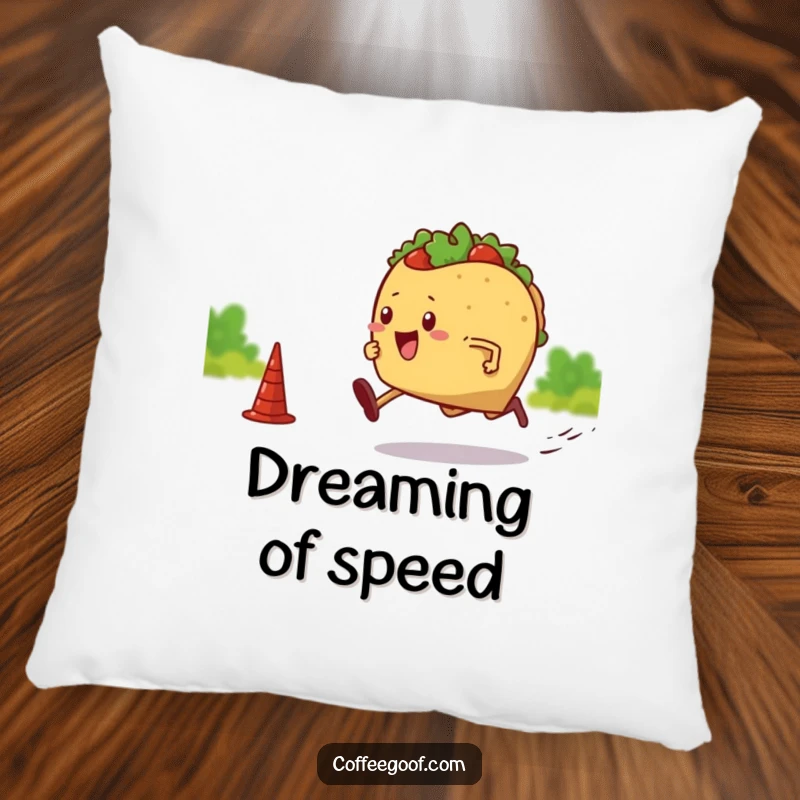 Funny throw pillow with a cute taco with legs sprinting towards a finish line. Soft and decorative, adding humor to any room.