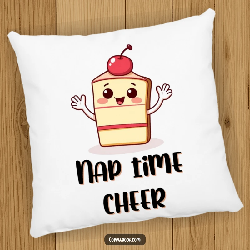 Funny throw pillow with a happy slice of cake and cherry waving energetically. Soft and decorative, adding sweetness and humor.