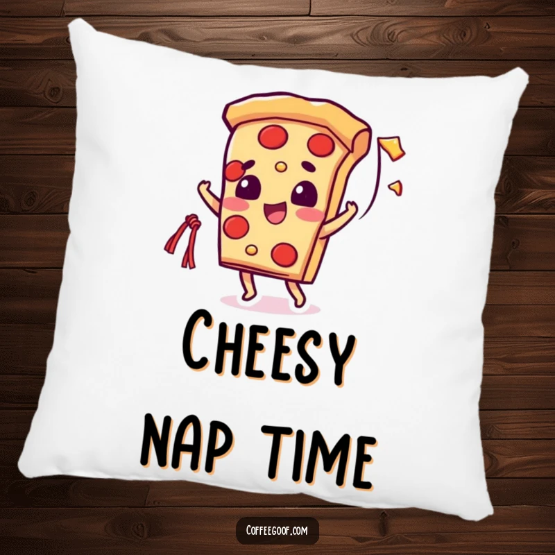 Funny decorative pillow featuring a beaming pizza slice character stretching a string of melted cheese, adding cheesy comfort.
