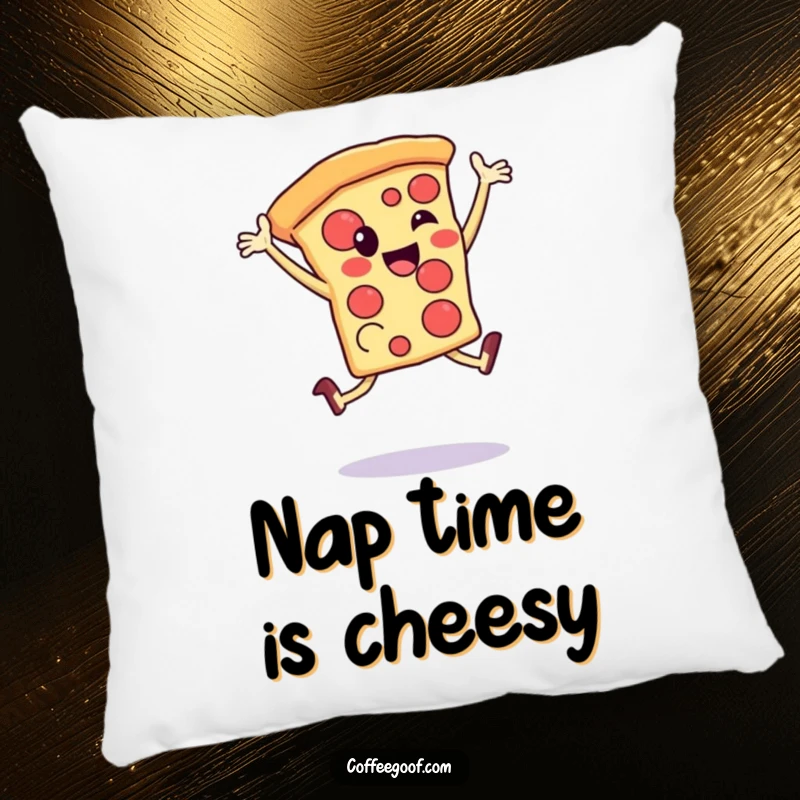 Funny Pillow: A happy pizza slice is depicted mid-leap, designed for cozy humor and decorative appeal on sofas or beds.
