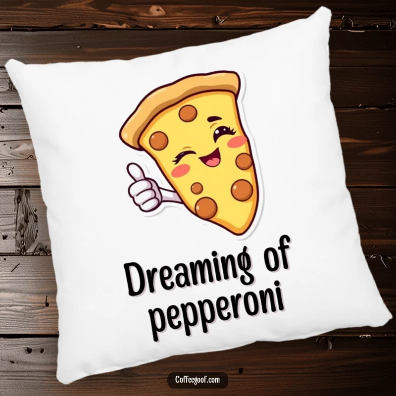 Funny pizza pillow featuring a winking slice giving a thumbs-up, providing comfort and a dose of cheesy humor.