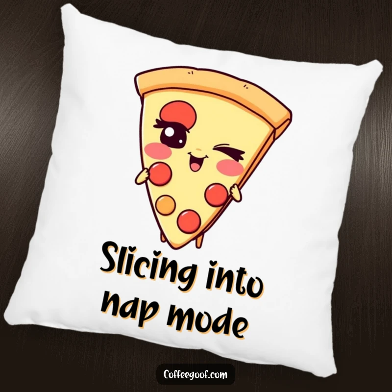 Funny Pizza Pillow: A giggling slice of pizza character with a mischievous wink, offering comfort and comedic charm.