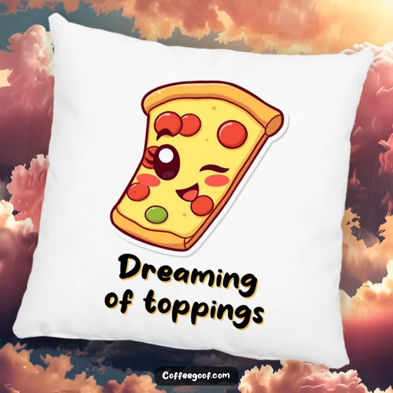 Funny pizza pillow showing a cheerful slice winking with its pepperoni eye, providing comfort and humorous food-themed charm.