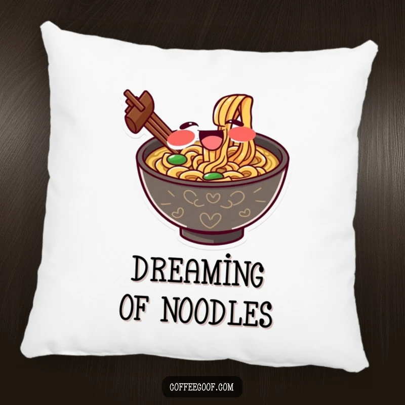 Funny pillow with a gleeful ramen bowl character slurping noodles with exaggerated delight, offering soft, humorous comfort for relaxation.