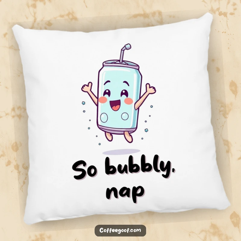 Funny soda can pillow, depicted leaping with unbridled exhilaration, providing a soft and humorous decorative accent.