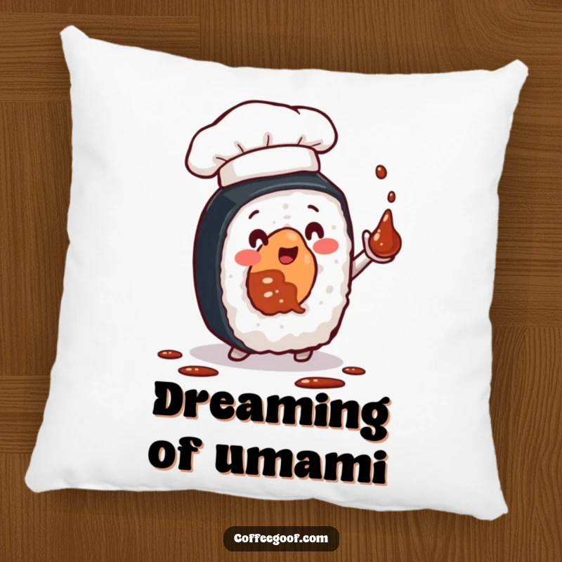 Funny pillow featuring a sushi roll in a chef hat, juggling soy sauce, making it a soft, humorous, and eye-catching decorative item.