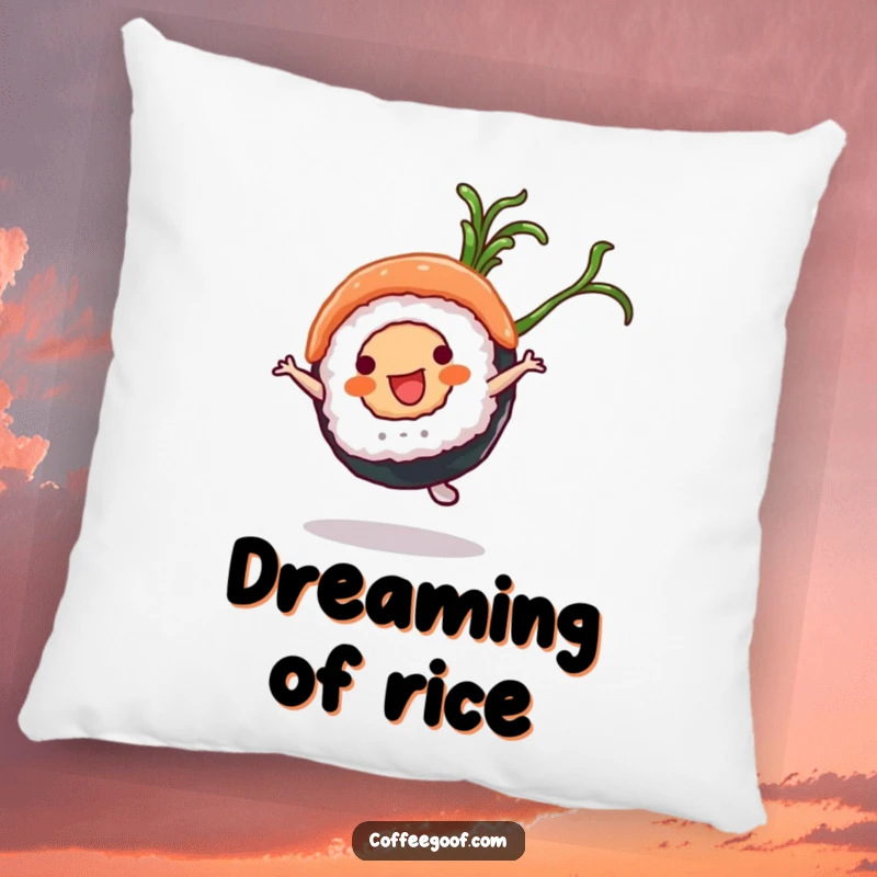 Funny Sushi Pillow: A soft pillow featuring a sushi roll character doing a cartwheel with a seaweed flourish, bringing food fun.