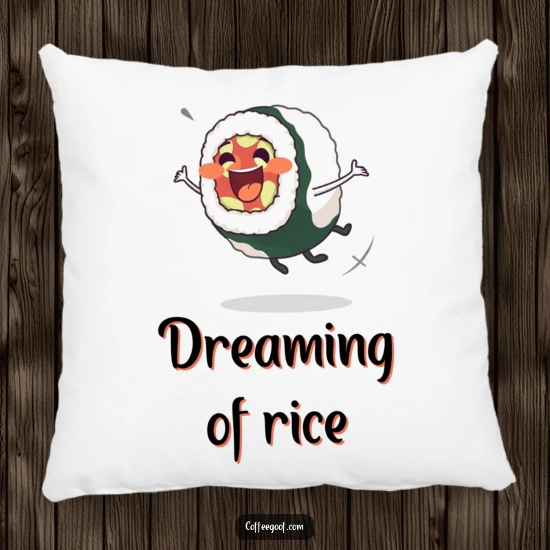 Funny Sushi Roll Pillow: Soft cushion featuring an excited sushi roll in a wobbly spin, perfect for cozy foodie comfort.