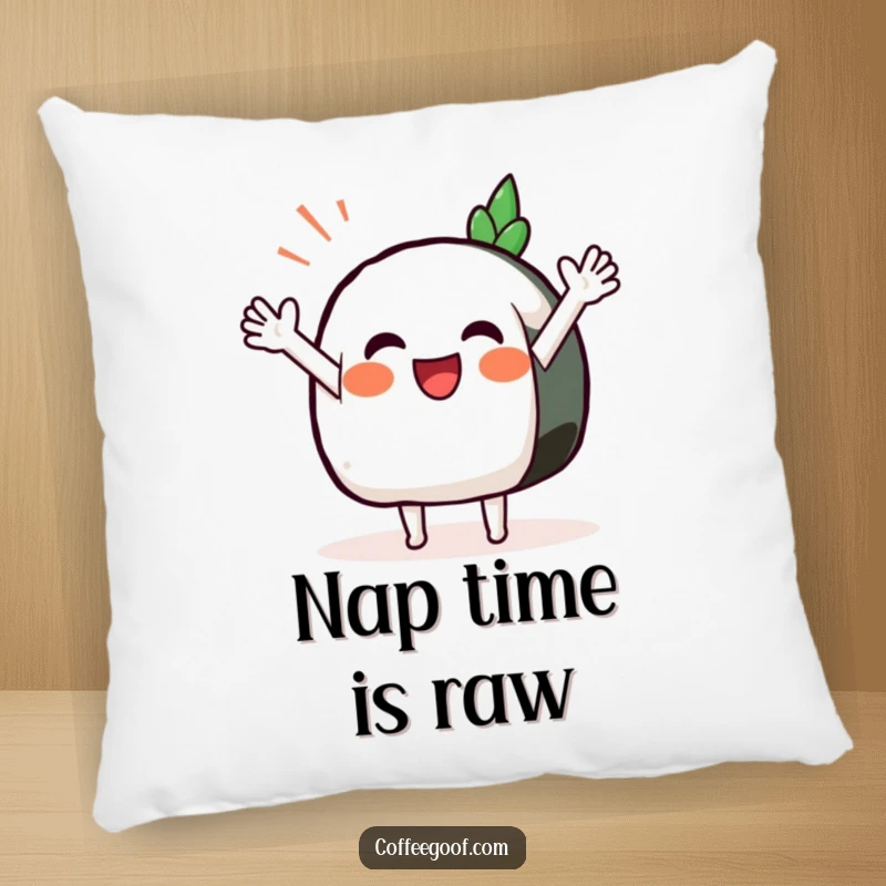 Funny Sushi Pillow featuring a smiling anthropomorphic sushi with outstretched arms, happily waving, offering cozy cheer.