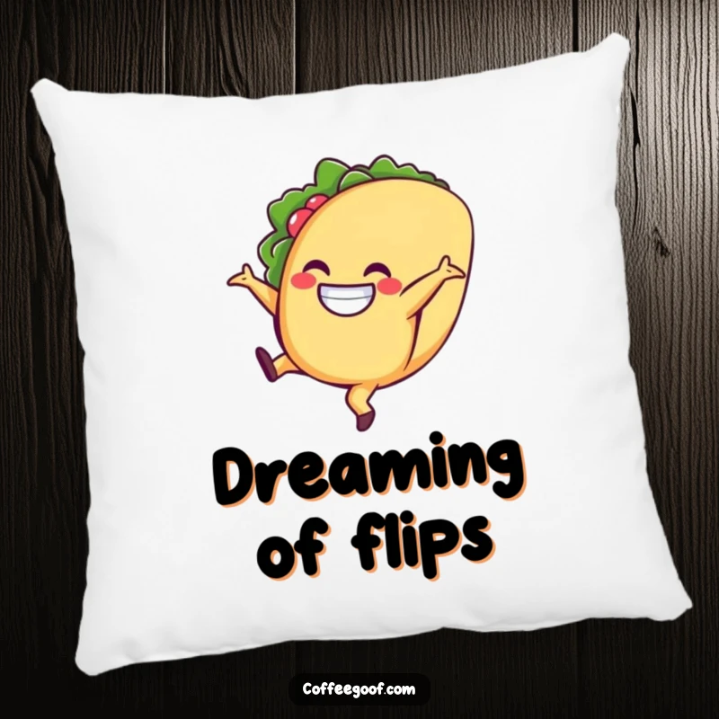 Funny taco pillow, a smiling character doing a cartwheel, perfect for adding comfort and a touch of festive humor.