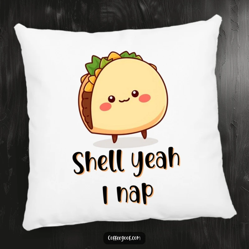 Funny Taco Pillow: A cheerful, round taco character wiggling its shell and tiny legs, offering comfort and comedic charm.