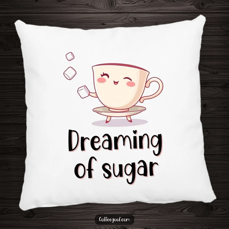 Funny Teacup Pillow showing a winking character juggling sugar cubes, perfect for cozy and playful moments.