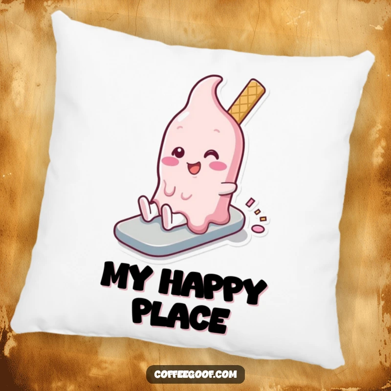 Funny melting ice cream character enjoying a slow, content slide on a cozy pillow, adding humor to relaxation.