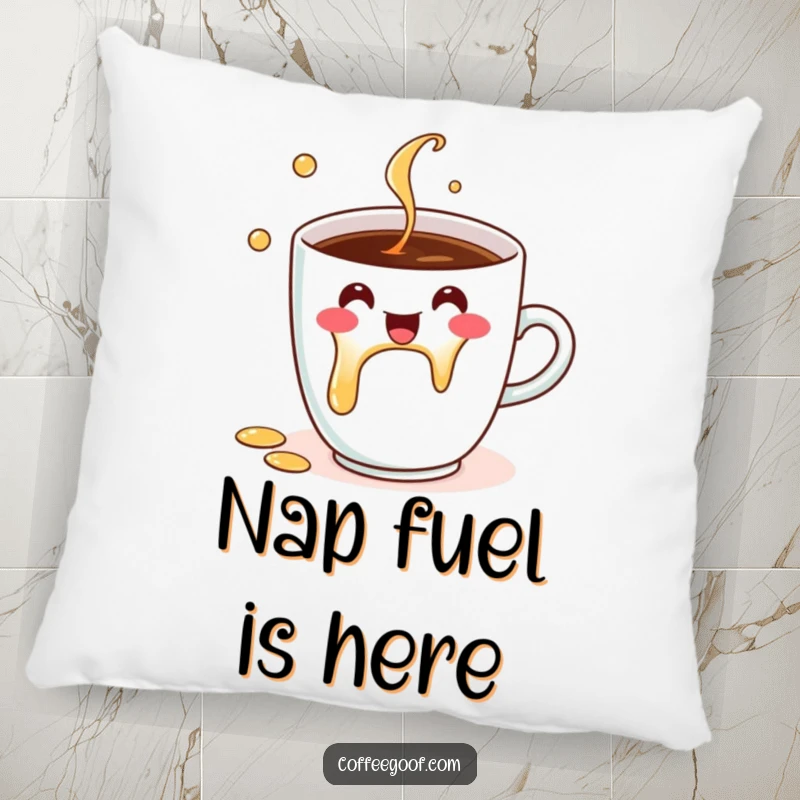 Funny Pillow featuring a happy coffee cup character with a cheerful spill, offering comfort and a touch of humor, ideal for a funny gift.
