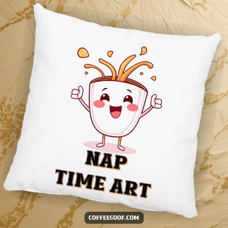 Funny decorative pillow with a jubilant coffee cup character mid-spill, artfully splashing hot coffee, adding cozy humor to any space.