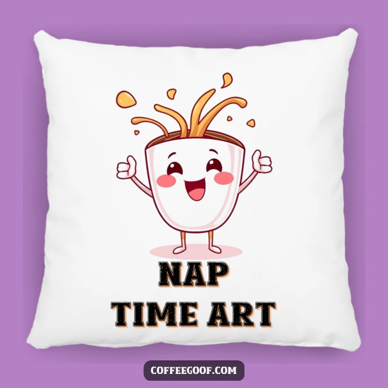 Funny Coffee Cup Art Spill Pillow: Cozy Jubilant Character Spills Hot Art - Comfort Gift