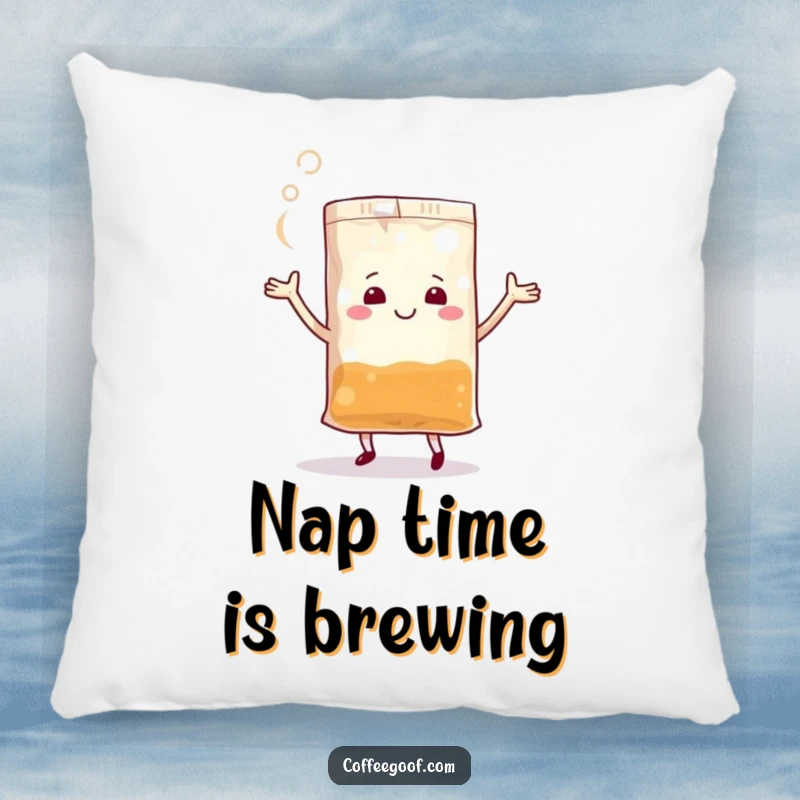 Funny Teabag Pillow showcasing a joyful anthropomorphic teabag dancing with cheerful steam, offering comfort and humor.