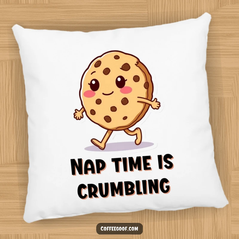 Funny Pillow: A sentient cookie character is depicted mid-silly walk, breaking apart slightly, designed for cozy humor and decorative appeal.