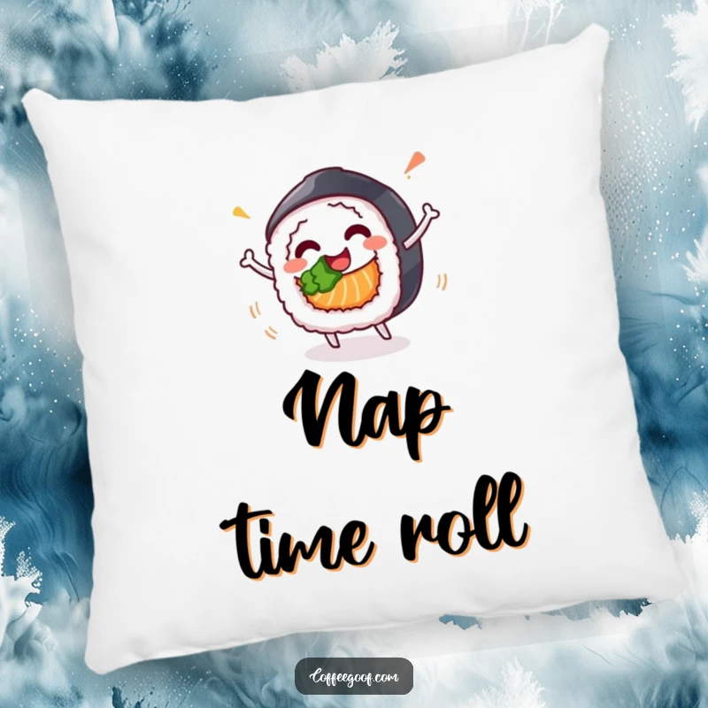Funny and soft pillow featuring a happy sushi roll character in a celebratory spin, perfect for cozy relaxation.