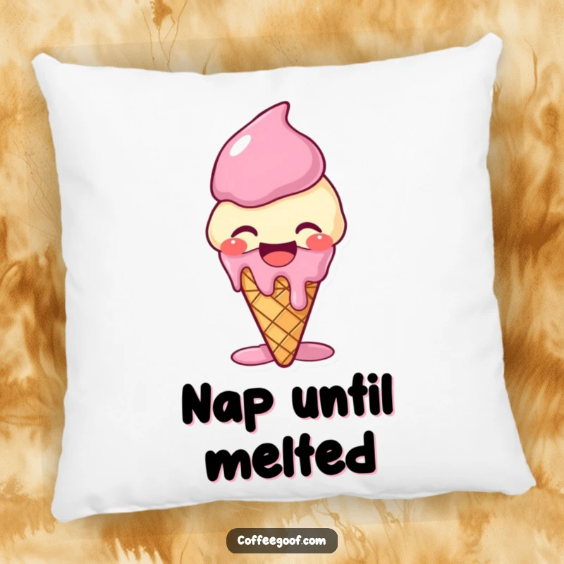 Funny giggling ice cream cone pillow, melting with laughter, offering a soft, humorous, and comforting decorative accent.