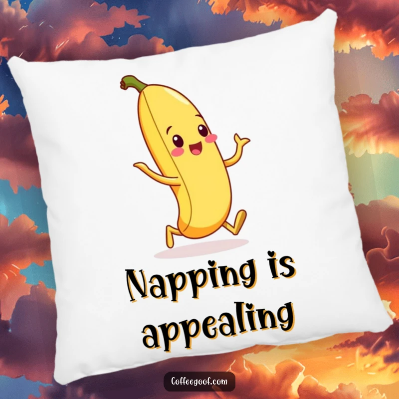 Funny pillow featuring a friendly banana peel in a comically exaggerated silly walk pose, adding comfort and whimsy.