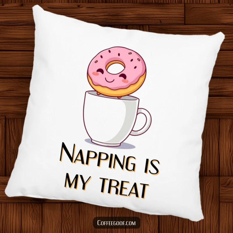 Funny pillow showcasing a happy donut leaping over a steaming mug, providing comfort and a touch of breakfast-themed humor.