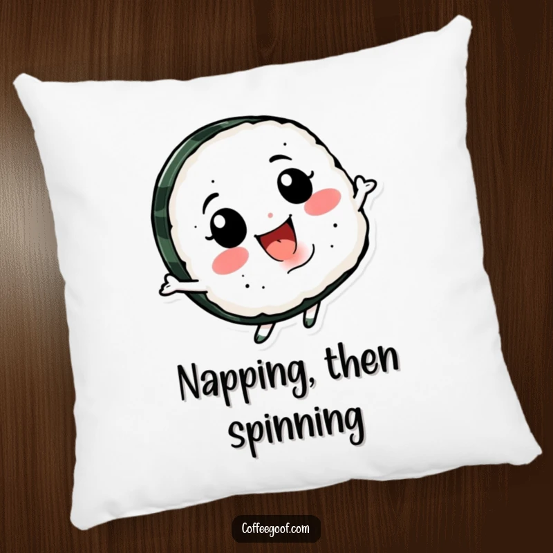 Funny Sushi Spin Pillow with a smiling sushi character happily spinning, offering comfort and a dose of playful, food-themed humor.