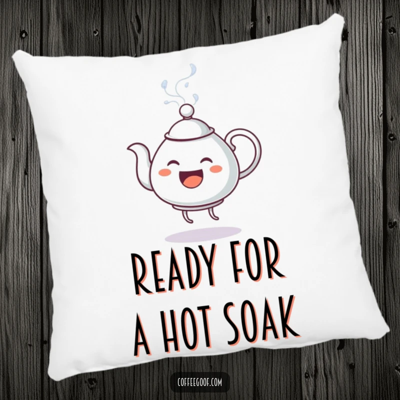 Funny Pillow: A charming anthropomorphic teapot dances exuberantly, spouting steam, designed for cozy humor and decorative appeal.