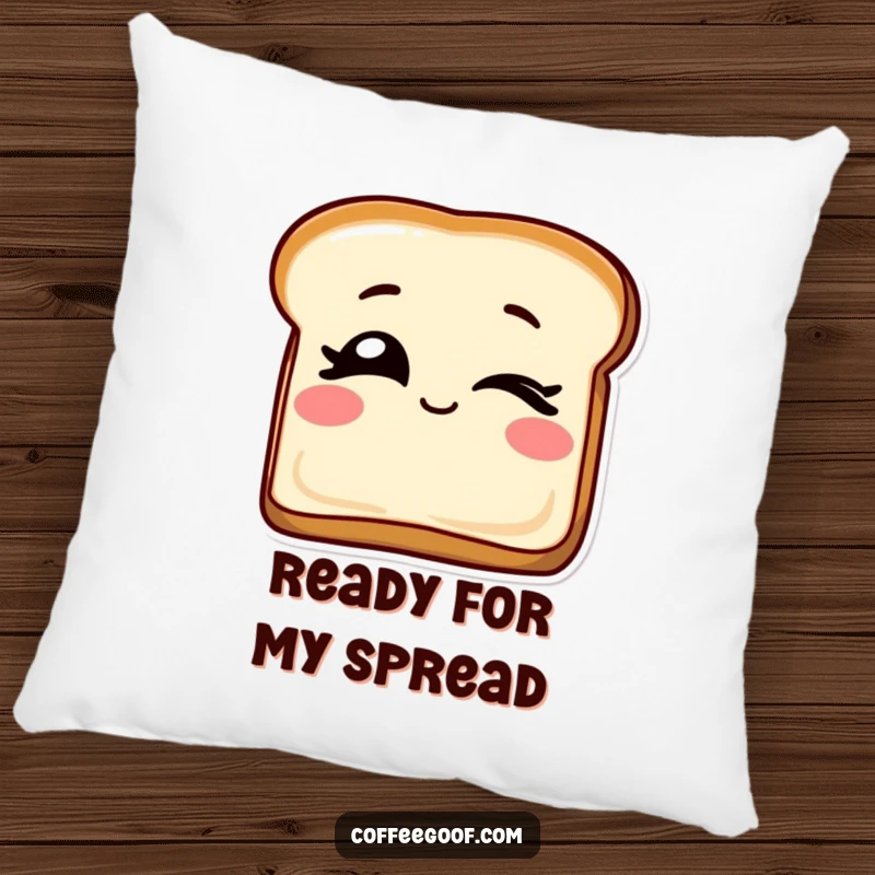 Funny pillow illustrating a slice of toast with winking eyes, offering plush comfort and a playful breakfast-themed charm.