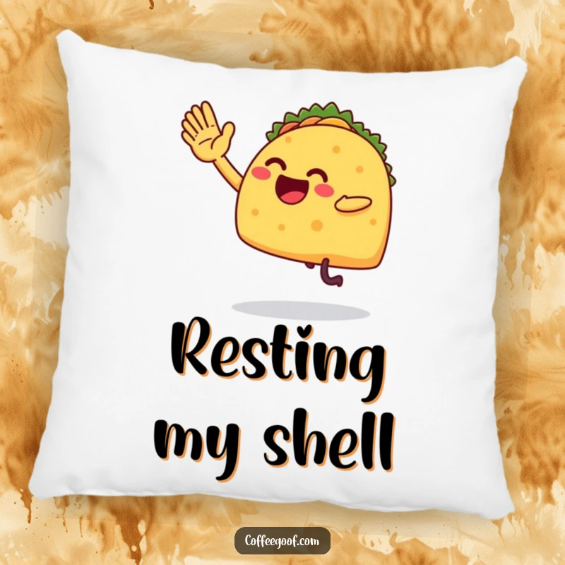 Funny pillow showing a taco with legs excitedly giving a clumsy high-five, perfect for adding comfort and humor to a couch or bed.