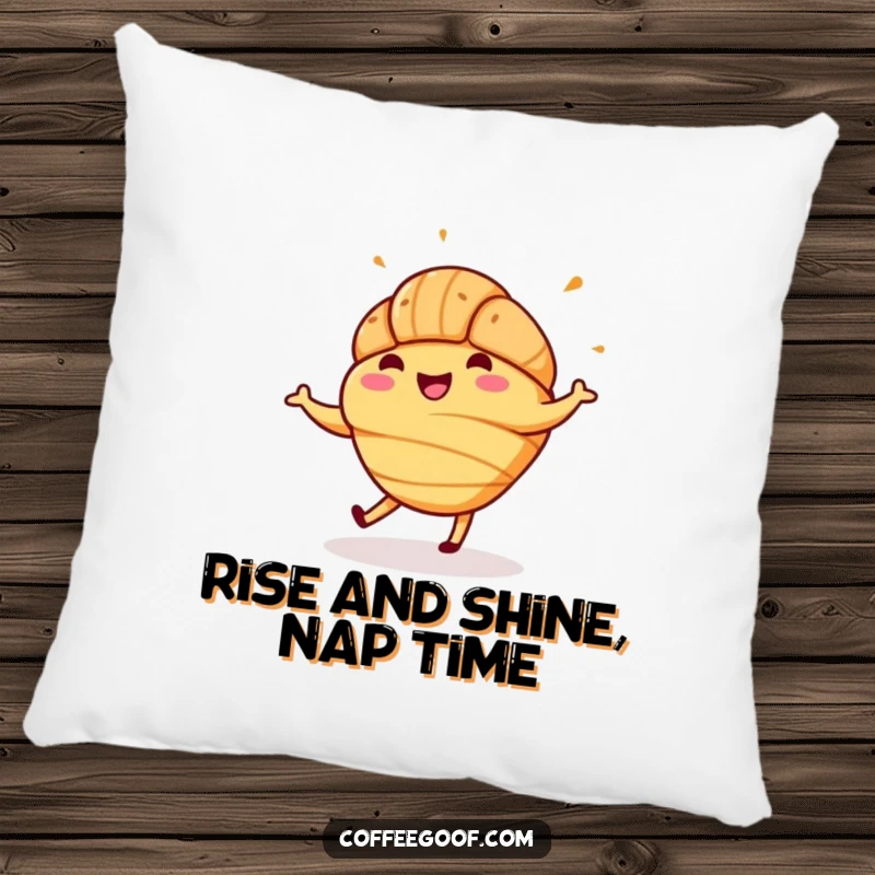 Funny pillow illustrating a jubilant croissant with sprinkles performing a happy jig, providing soft comfort and cheerful pastry vibes.